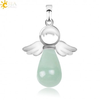 CSJA Natural Stone Angel Wings Pendant for Necklace Pink Quartz Onyx Silver-color  Water Drop Pendants Female Jewelry Gift E949