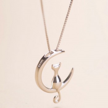 Fashion Cat Moon Pendant Necklace Charm Silver Gold Color Link Chain Necklace For Pet Lucky Jewelry For Women Gift Shellhard