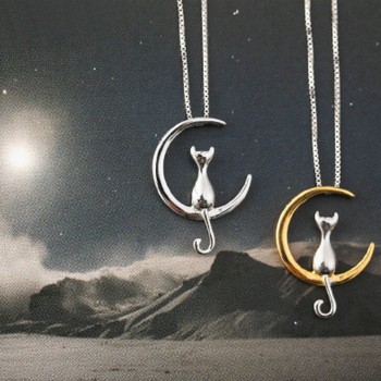 Fashion Cat Moon Pendant Necklace Charm Silver Gold Color Link Chain Necklace For Pet Lucky Jewelry For Women Gift Shellhard