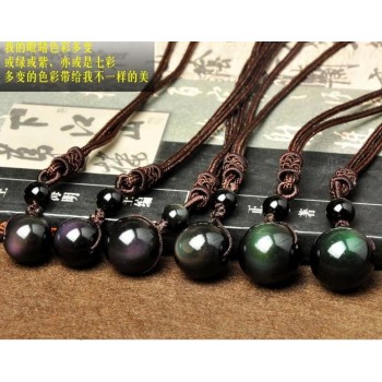 Natural Obsidian Rainbow Eye Transfer Good Luck Bead Pendant Necklace Polyester Rope Chain Necklace Jewelry For Woman