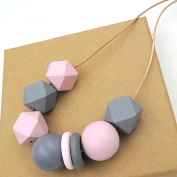 Hand painted GREY PINK necklace with Geometric Beaded wood pendant gift chunky statement ball NW396