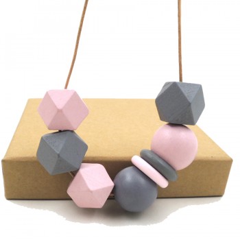 Hand painted GREY PINK necklace with Geometric Beaded wood pendant gift chunky statement ball NW396