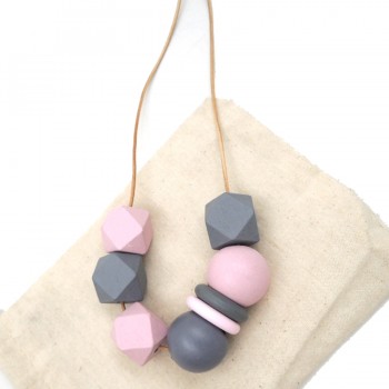 Hand painted GREY PINK necklace with Geometric Beaded wood pendant gift chunky statement ball NW396