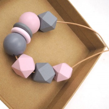 Hand painted GREY PINK necklace with Geometric Beaded wood pendant gift chunky statement ball NW396
