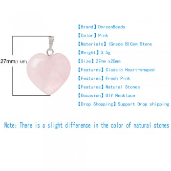 Doreenbeads Hot Fashion Women (Grade B) Created Rose Gem Stone Charm Pendants Heart Pink Jewelry Gift 27 x 21mm, Hole: 6x2mm 1PC