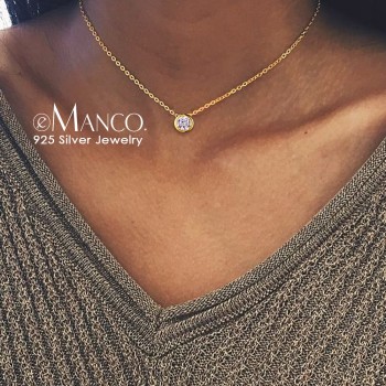 e-Manco 925 Sterling Silver Necklace Simple CZ Cubic Zirconia Pendant Necklace for Women Gold Color Wedding Jewelry Fashion