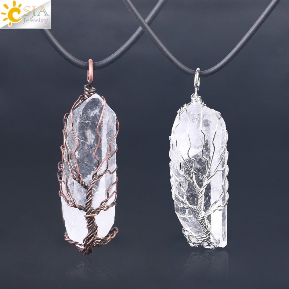 CSJA Natural Crystal Pillar Big Pendants Antique Copper Wire Wrapped Tree of Life Quartz Pendant for Necklace Leather Chain F554