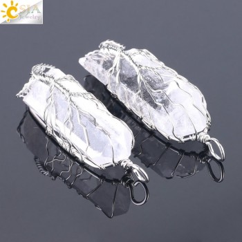 CSJA Natural Crystal Pillar Big Pendants Antique Copper Wire Wrapped Tree of Life Quartz Pendant for Necklace Leather Chain F554
