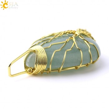 CSJA Gold Color Tree of Life Wire Wrap Water Drop Necklace Pendant Natural Gem Stone Pink Quartz Tiger Eye Green Aventurine E585