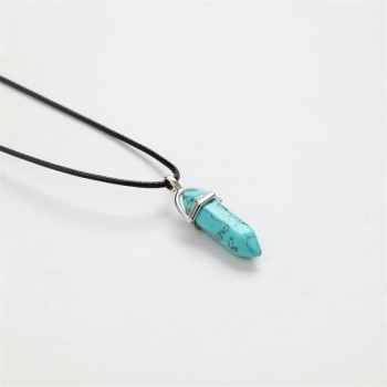 Hexagonal Multi Color Necklace Natural Crystal Quartz Column Gem Stone Turquoises Pendant Leather Chains Women Jewelry