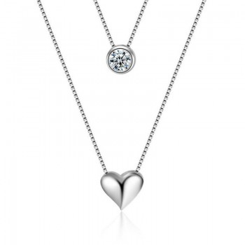 Anenjery 925 Sterling Silver Necklace Double Layer Chain Zircon Heart Pendants Necklaces For Women kolye Choker S-N157