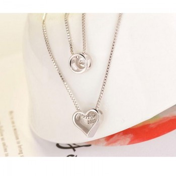 Anenjery 925 Sterling Silver Necklace Double Layer Chain Zircon Heart Pendants Necklaces For Women kolye Choker S-N157