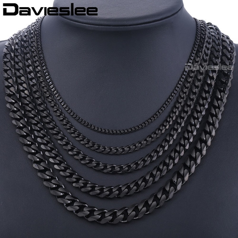 Stainless Steel Chains Necklace for Men Black Silver Gold Mens Necklace Curb Cuban Davieslee Jewelry Gifts 3/5/7/9/11mm DLKNM09