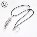 Wax Cord Pendant Necklaces, with Iron Extrender Chain and Alloy Findings, Feather, Antique Silver, 17.7(45cm)
