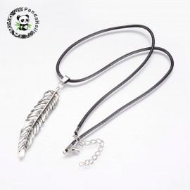 Wax Cord Pendant Necklaces, with Iron Extrender Chain and Alloy Findings, Feather, Antique Silver, 17.7(45cm)