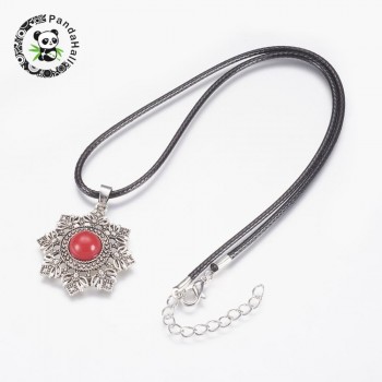 Wax Cord Pendant Necklaces, with Iron Extrender Chain and Alloy Findings, Feather, Antique Silver, 17.7(45cm)