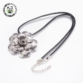 Wax Cord Pendant Necklaces, with Iron Extrender Chain and Alloy Findings, Feather, Antique Silver, 17.7(45cm)