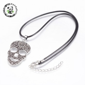 Wax Cord Pendant Necklaces, with Iron Extrender Chain and Alloy Findings, Feather, Antique Silver, 17.7(45cm)