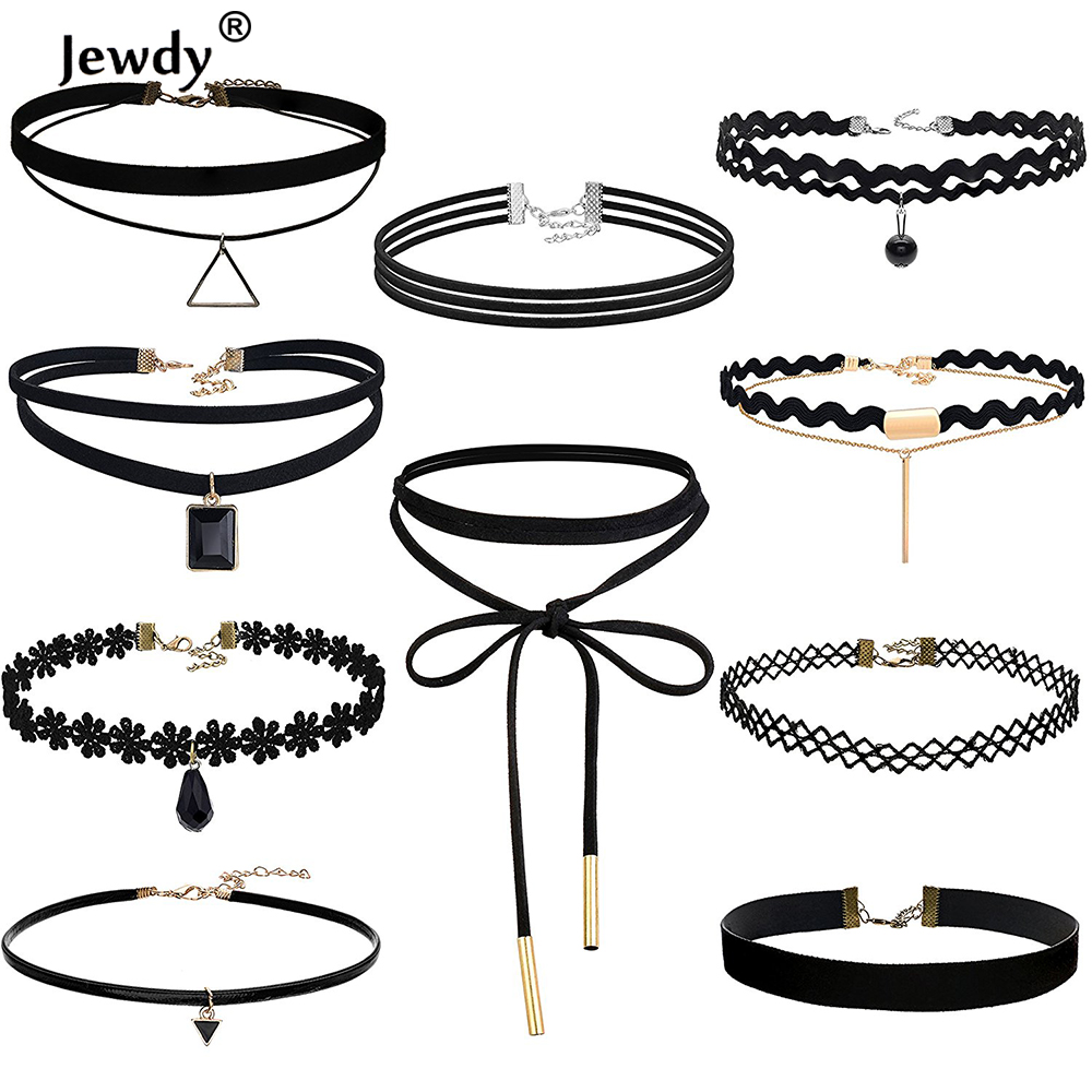 Jewdy 10 PCS/Set Choker Necklaces Gothic Tattoo Black Lace Leather Velvet Collier Women Collar Femme Chocker Jewellery 90S Punk