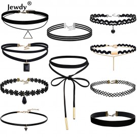 Jewdy 10 PCS/Set Choker Necklaces Gothic Tattoo Black Lace Leather Velvet Collier Women Collar Femme Chocker Jewellery 90S Punk