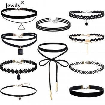 Jewdy 10 PCS/Set Choker Necklaces Gothic Tattoo Black Lace Leather Velvet Collier Women Collar Femme Chocker Jewellery 90S Punk