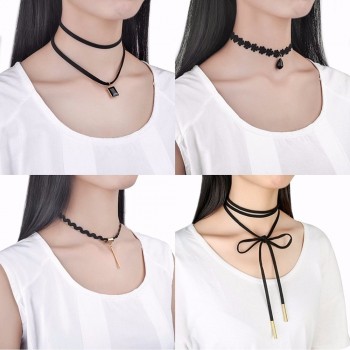 Jewdy 10 PCS/Set Choker Necklaces Gothic Tattoo Black Lace Leather Velvet Collier Women Collar Femme Chocker Jewellery 90S Punk