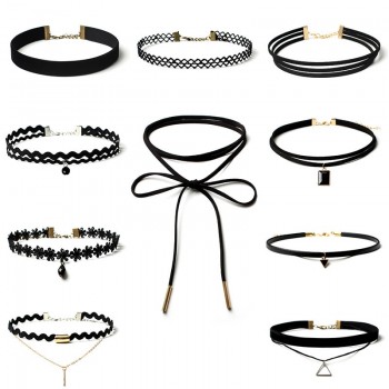 Jewdy 10 PCS/Set Choker Necklaces Gothic Tattoo Black Lace Leather Velvet Collier Women Collar Femme Chocker Jewellery 90S Punk