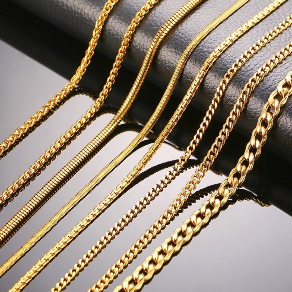 Vnox Men Women Necklace Gold Tone Snake Miami Cuba Wheat Spiga Paima Link Round Box Curb Chains Stainless Steel Choker w/ K 18