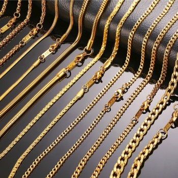 Vnox Men Women Necklace Gold Tone Snake Miami Cuba Wheat Spiga Paima Link Round Box Curb Chains Stainless Steel Choker w/ K 18