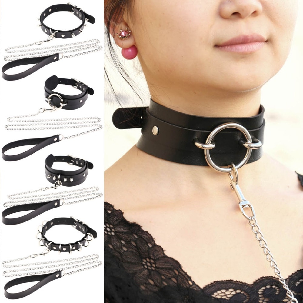 Womens Man Sexy Rivet Alternative metal slave PU Leather Collar Traction Rope,BDSM Bondage Necklace Neckband,Sex Toys For Couple