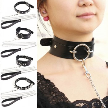 Womens Man Sexy Rivet Alternative metal slave PU Leather Collar Traction Rope,BDSM Bondage Necklace Neckband,Sex Toys For Couple