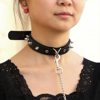 Womens Man Sexy Rivet Alternative metal slave PU Leather Collar Traction Rope,BDSM Bondage Necklace Neckband,Sex Toys For Couple