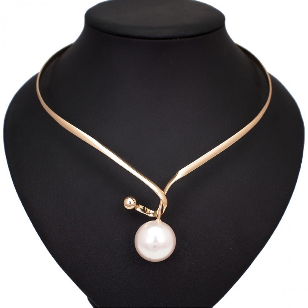 Alloy Torques Simulated Pearl Pendants Necklaces For Women Simple Design Statement Metal Collar Choker Necklace Jewelry UKMOC