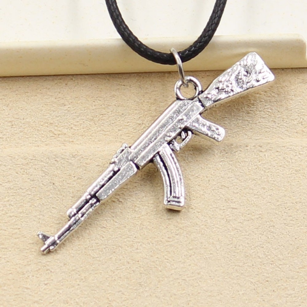 New Fashion Tibetan Silver Pendant gun AK 47 Necklace Choker Charm Black Leather Cord Factory Price Handmade jewelry