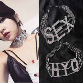 Crystal Statement Choker Necklace Rhinestone Letter SEX Chocker Women Night Party Collares Wild geometric metal necklace 630