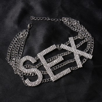 Crystal Statement Choker Necklace Rhinestone Letter SEX Chocker Women Night Party Collares Wild geometric metal necklace 630