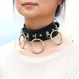 Woman Man Goth Sexy PU Leather 3 Ring Bondage Slave Collar Neck Fetish BDSM O Ring Choker