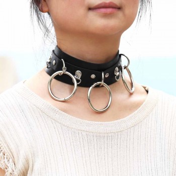 Woman Man Goth Sexy PU Leather 3 Ring Bondage Slave Collar Neck Fetish BDSM O Ring Choker