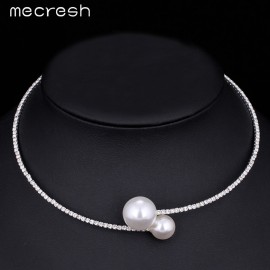 Mecresh Rhinestone Torques Necklace For Women Simple Cute Simulated Pearl Ball Choker Silver Color Wedding Jewelry MTL415-X