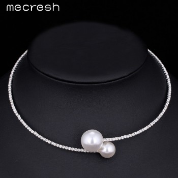 Mecresh Rhinestone Torques Necklace For Women Simple Cute Simulated Pearl Ball Choker Silver Color Wedding Jewelry MTL415-X