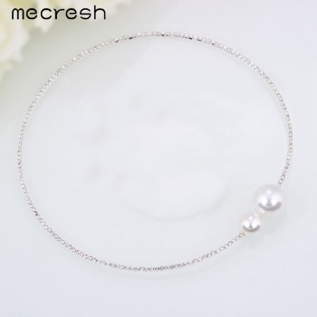 Mecresh Rhinestone Torques Necklace For Women Simple Cute Simulated Pearl Ball Choker Silver Color Wedding Jewelry MTL415-X