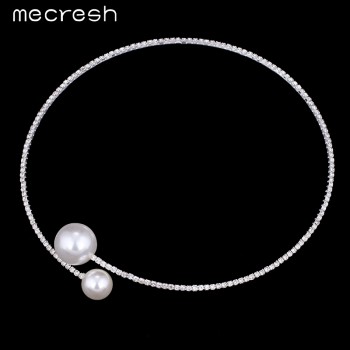 Mecresh Rhinestone Torques Necklace For Women Simple Cute Simulated Pearl Ball Choker Silver Color Wedding Jewelry MTL415-X