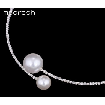 Mecresh Rhinestone Torques Necklace For Women Simple Cute Simulated Pearl Ball Choker Silver Color Wedding Jewelry MTL415-X