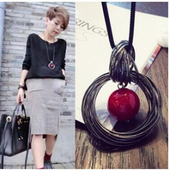New Shelves Ladies Silver Round Red Beads Pendant Necklace Black Rope Long Section Winter Sweater Chain Wholesale Sales