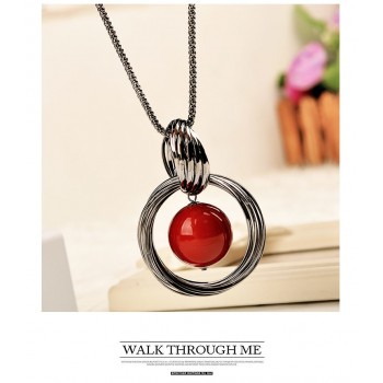 New Shelves Ladies Silver Round Red Beads Pendant Necklace Black Rope Long Section Winter Sweater Chain Wholesale Sales