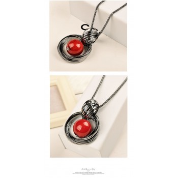 New Shelves Ladies Silver Round Red Beads Pendant Necklace Black Rope Long Section Winter Sweater Chain Wholesale Sales