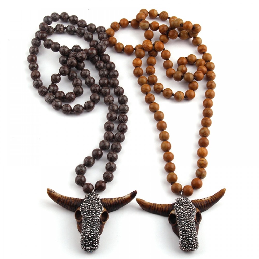 Free Shipping Fashion Long Knotted Stones Bohemian Tribal Jewelry Green Natural Stone Pendant Necklace