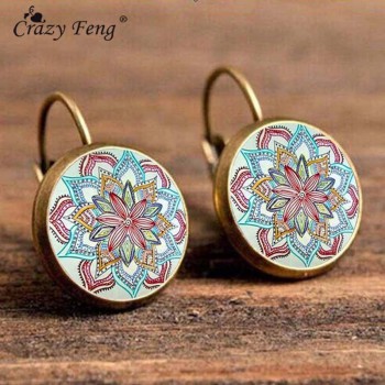 Crazy Feng Boho Flower Drop Earrings For Women Vintage Jewelry Geometric Pattern Round Earings Bijoux boucles doreilles bohemia