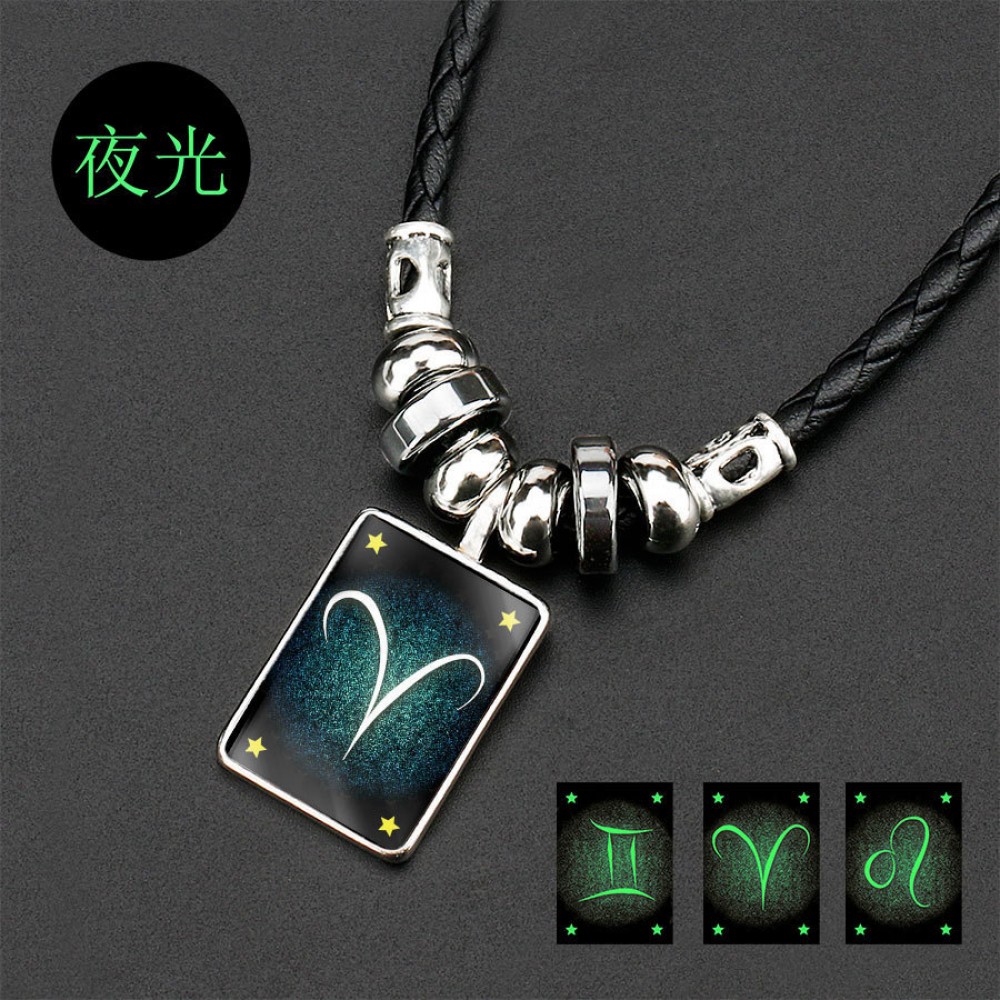Twelve Constellation Crystal Necklace Men Black Gallstone Aquarius Pisces Scorpio Sagittarius Capricorn Beaded Pendant Necklace