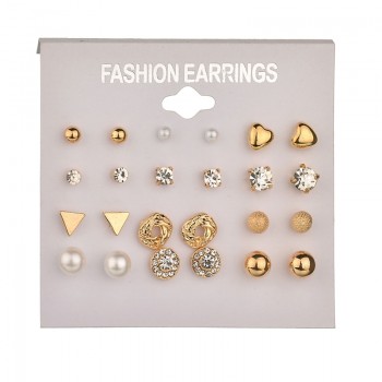 MissCyCy Fashion 12 pair/set Women Square Crystal Heart Stud Earrings for Women Piercing Simulated Pearl Flower Earrings